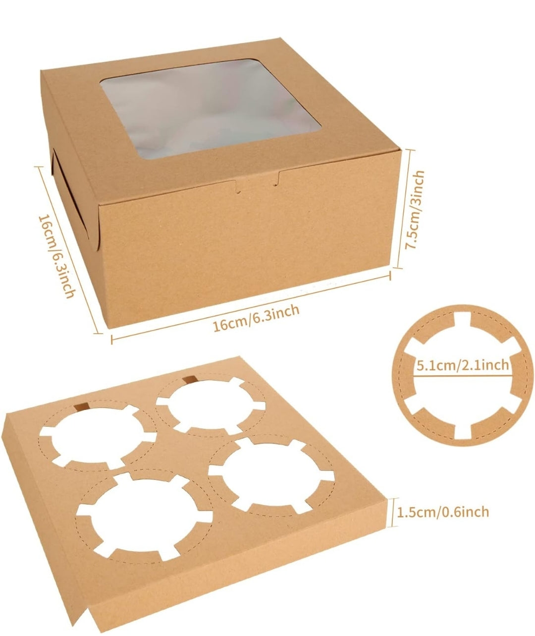 6"×6"×3" Brown 4 Cavity Cupcake Box