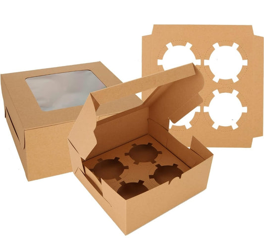 6"×6"×3" Brown 4 Cavity Cupcake Box
