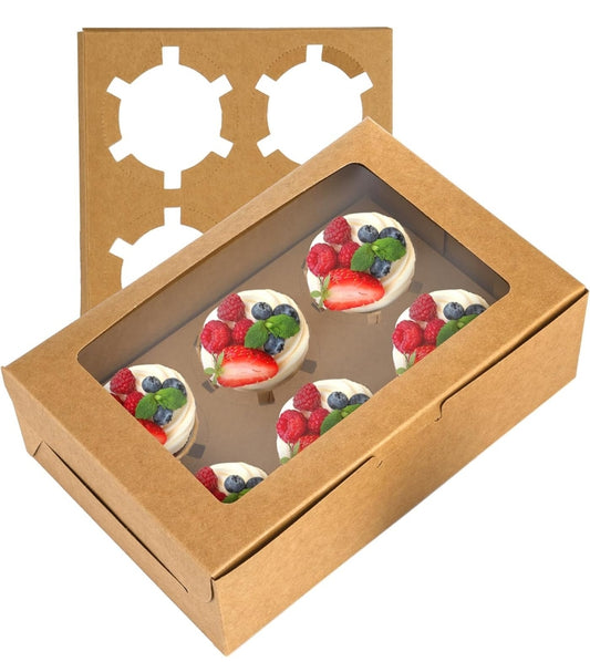 9"x6"x3" Brown 6 Cavity Cupcake Box